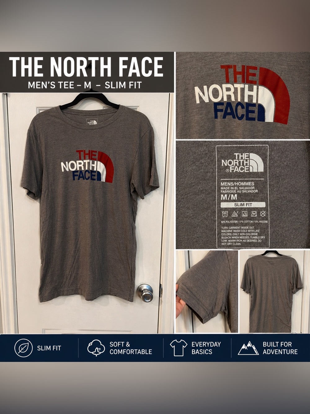 The North Face Logo Tee Men Medium Slim Fit Gray Graphic Shirt